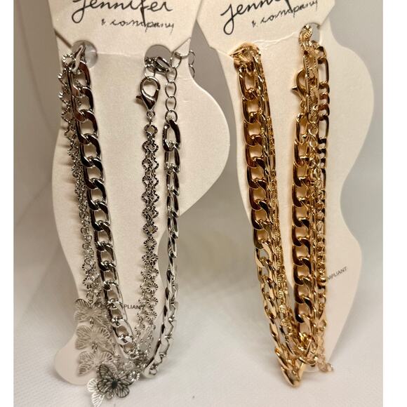Jennifer & Company Jewelry - 2 Anklet Sets Layered Gold & Silver Chain Butterfly Charm Adjustable NEW